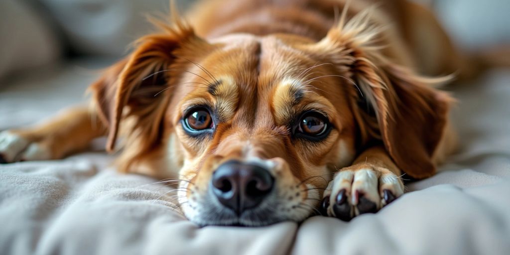 Concerned dog showing signs of discomfort and fatigue.