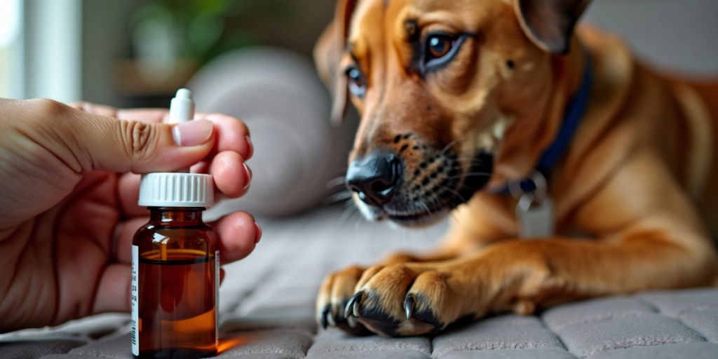 Dog receiving prednisone medication in a caring setting.