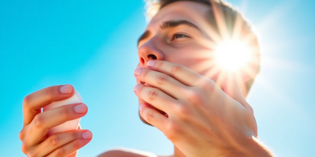 Person applying sunscreen in bright sunlight.