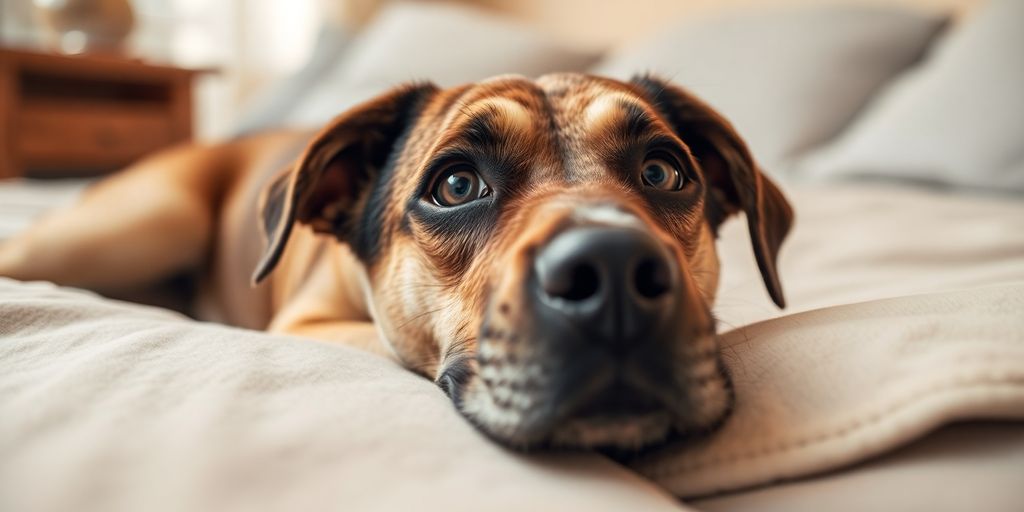 A worried dog resting on a cozy bed.