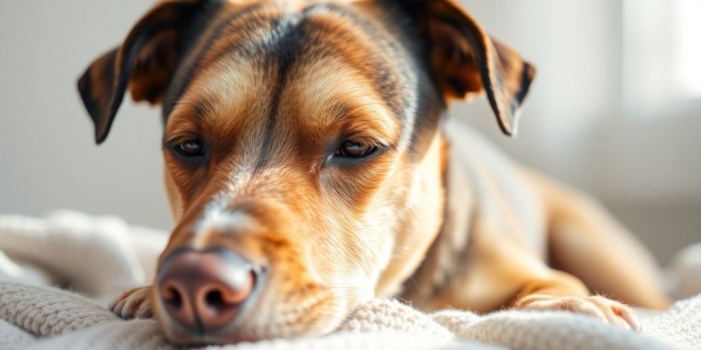 Calm dog resting on a blanket, natural light.