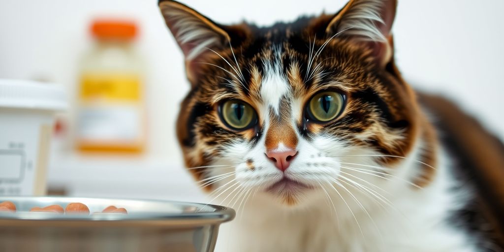 Cat looking concerned near food and medication.