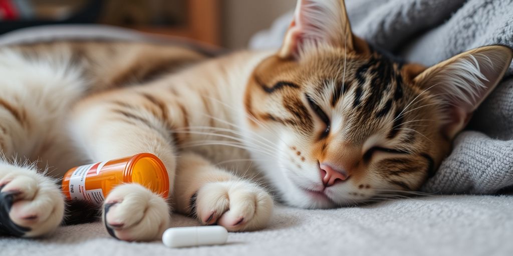 A cat resting with a pill bottle beside it.